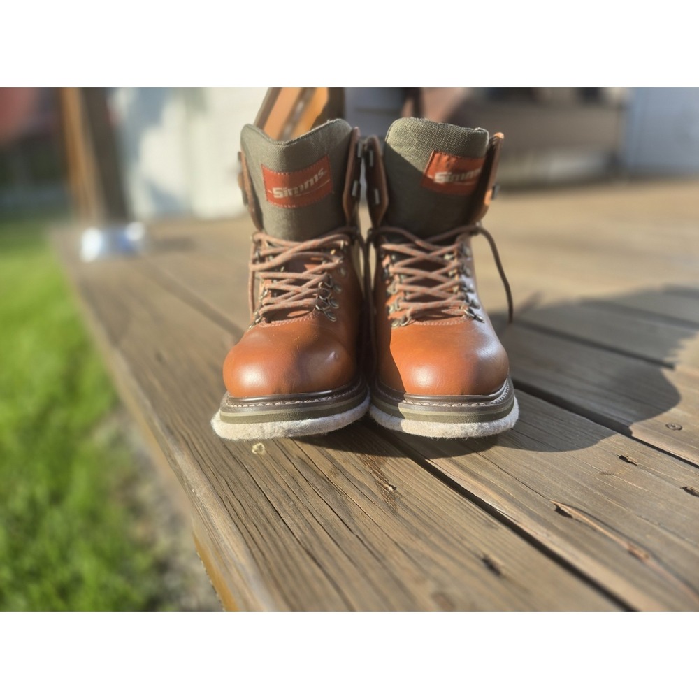 Simms Fly Fishing Wading Boots Felt Sole Brown Leather Men's Size 9 USA Trout